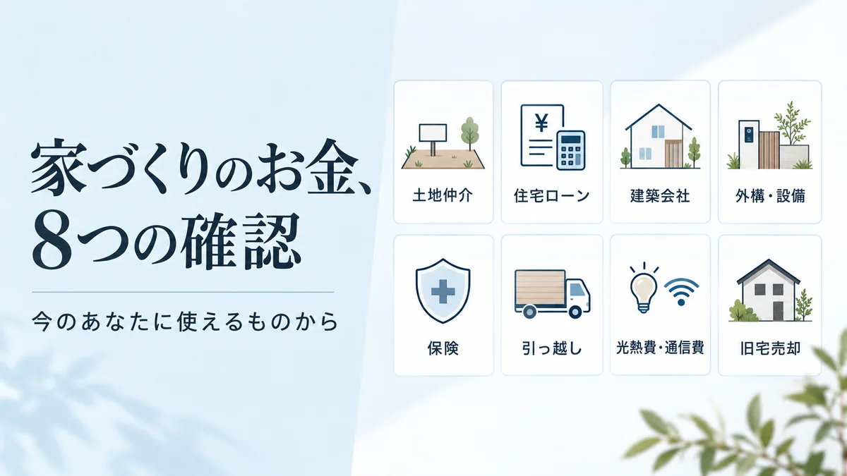 土地仲介から旧宅売却まで、家づくりのお金の8項目